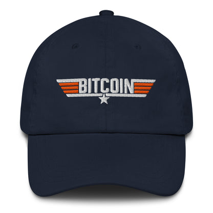 Navy blue cap with Bitcoin top gun logo on a white background