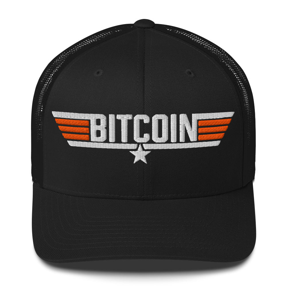 Black cap with Bitcoin top coin logo on a white background