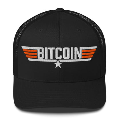 Black cap with Bitcoin top coin logo on a white background