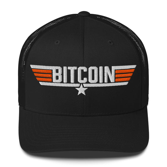 Black cap with Bitcoin top coin logo on a white background