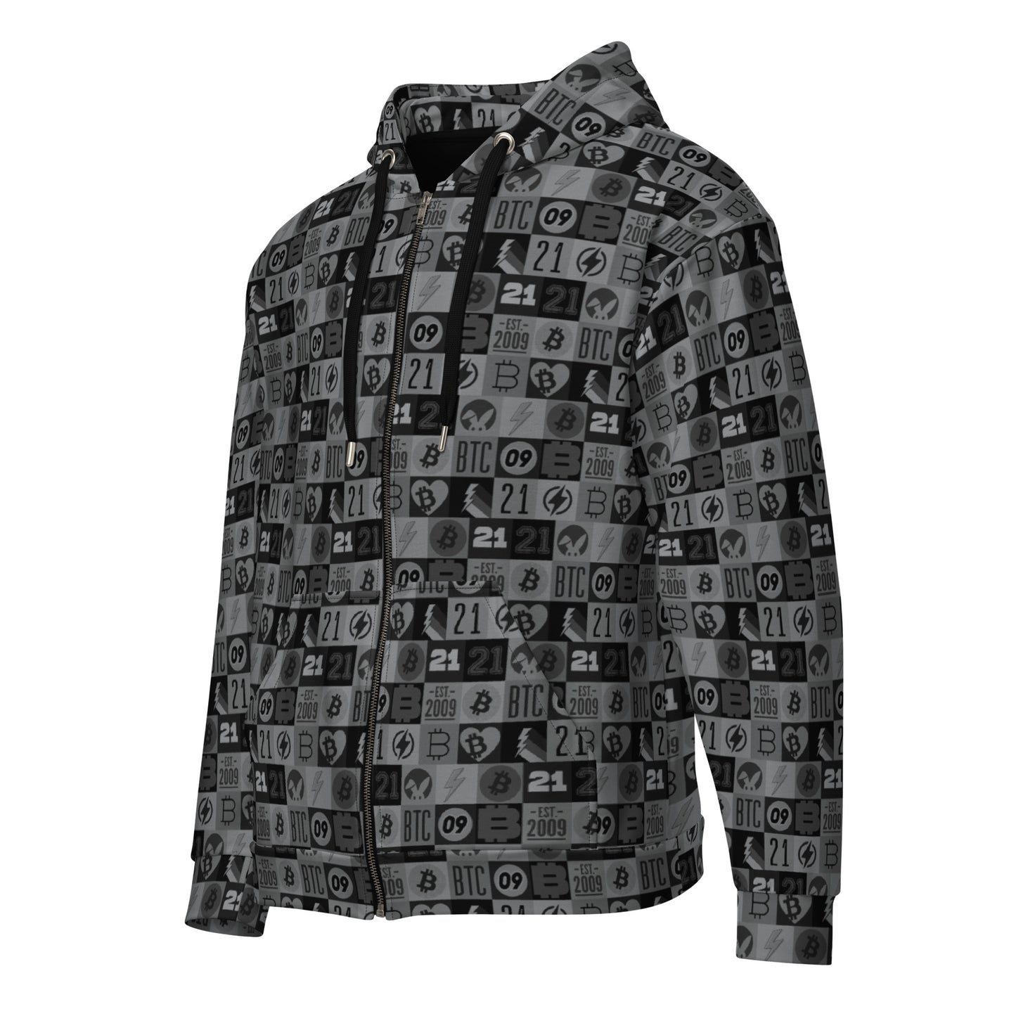 Hoodie with a pattern of numbers and bitcoin symbols on a white background