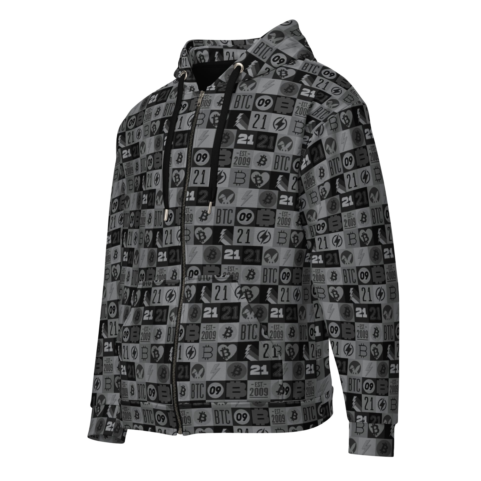 Hoodie with a pattern of numbers and bitcoin symbols on a white background