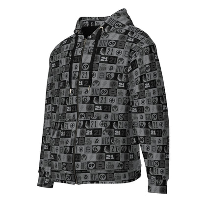 Hoodie with a pattern of numbers and bitcoin symbols on a white background