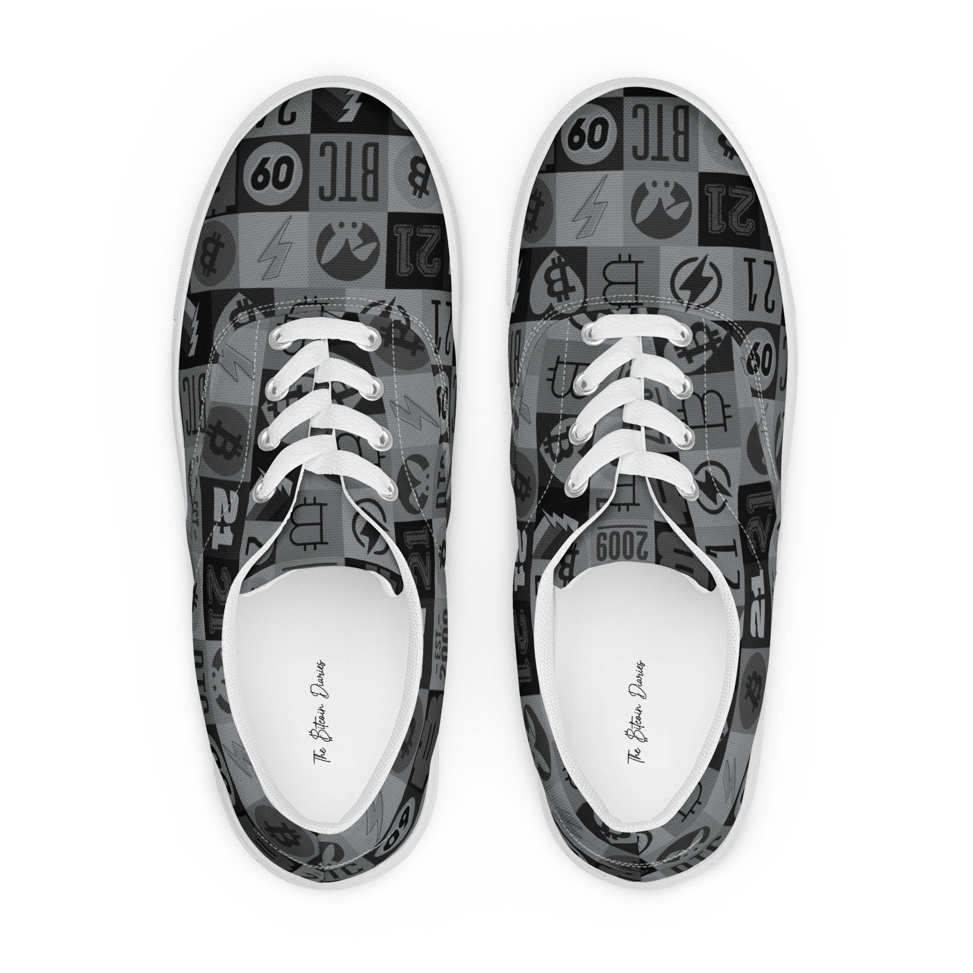 Pair of sneakers with a bitcoin patterned sole on a white background
