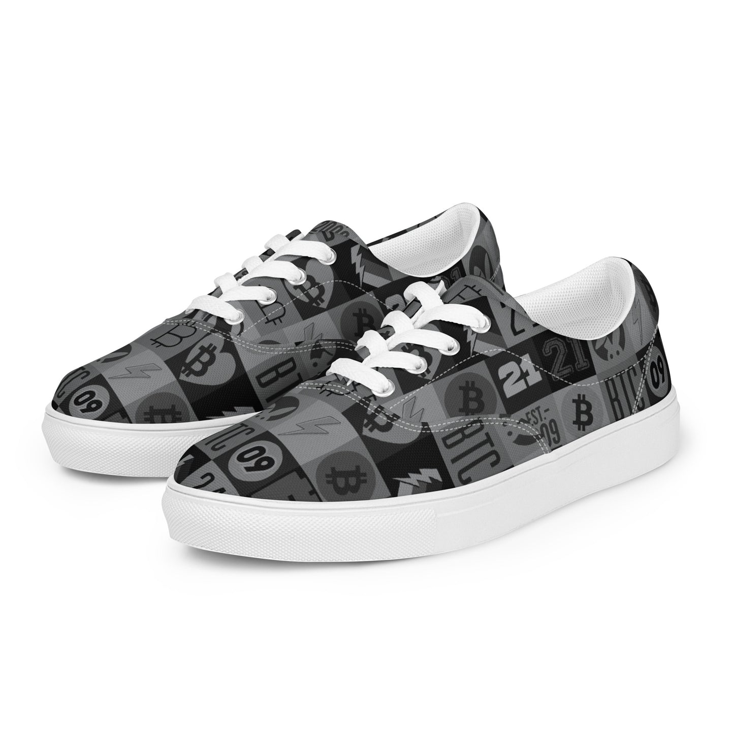 Sneakers with Bitcoin logo pattern on a white background