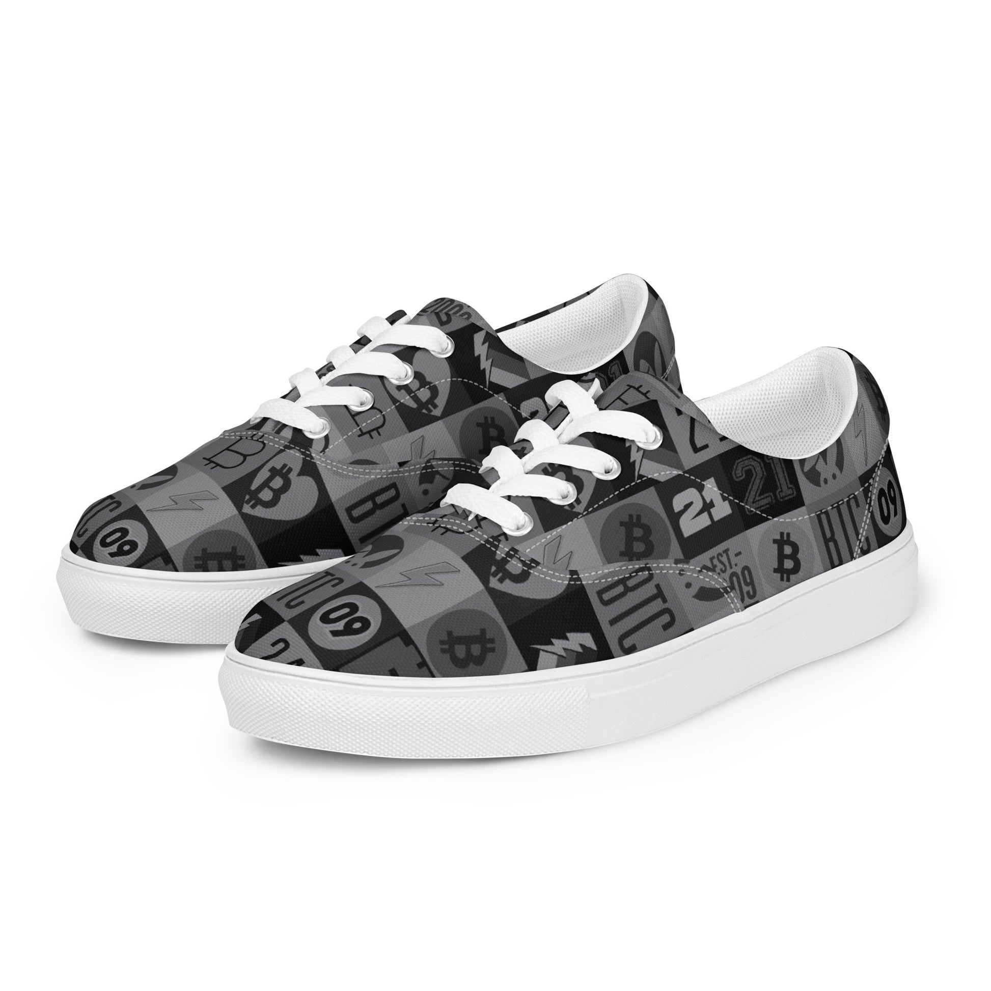 Sneakers with Bitcoin logo pattern on a white background