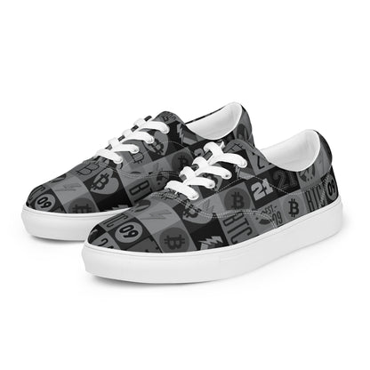 Sneakers with Bitcoin logo pattern on a white background