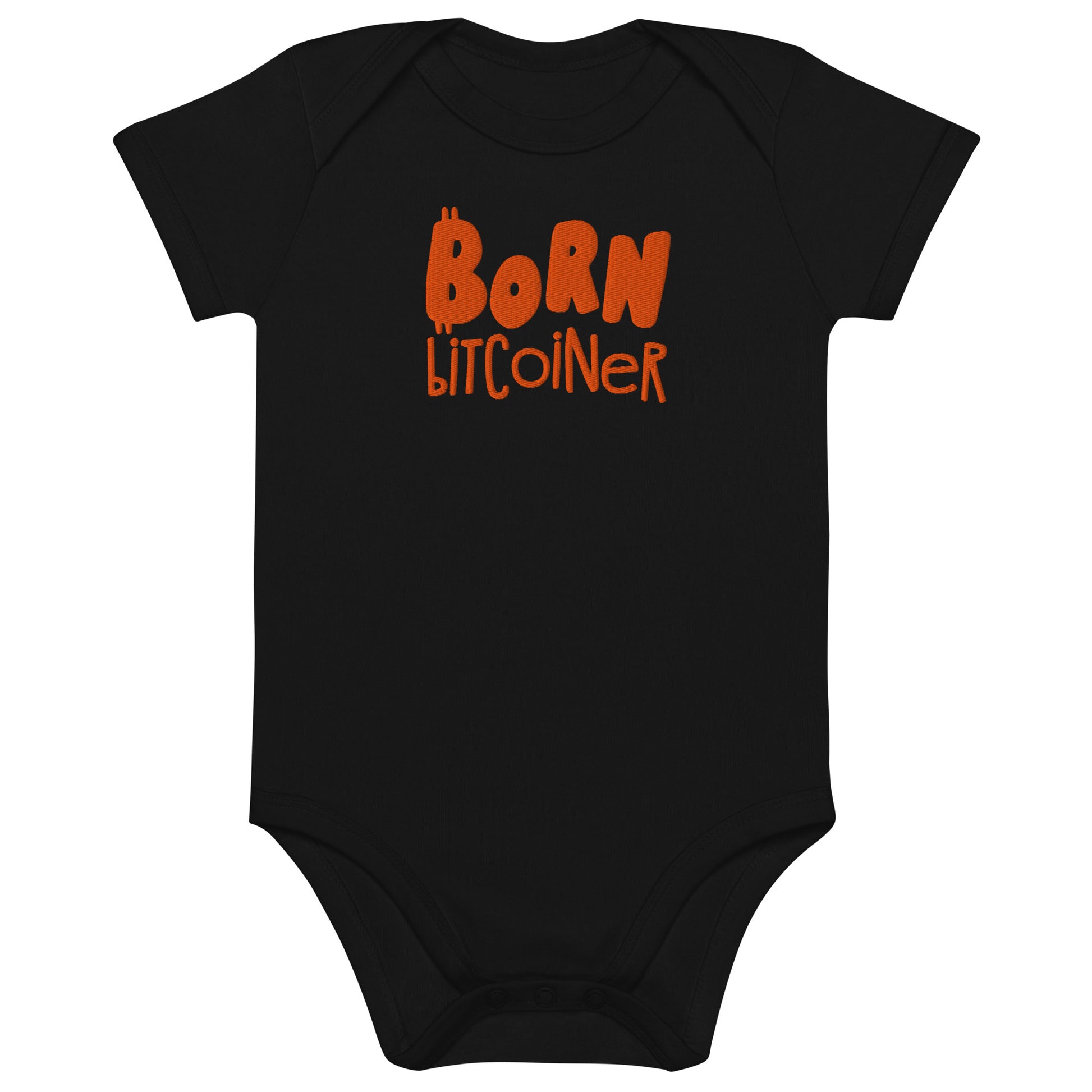 Black baby onesie with 'Born Bitcoiner' text in orange on a white background