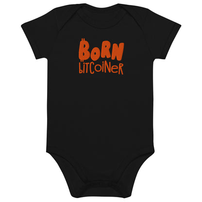 Black baby onesie with 'Born Bitcoiner' text in orange on a white background
