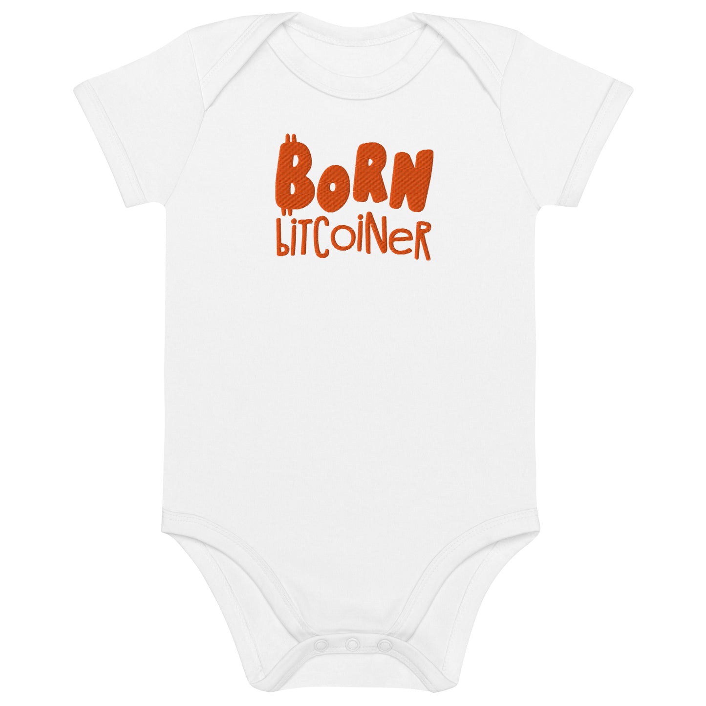 White baby onesie with 'Born Bitcoiner' text in orange on a white background