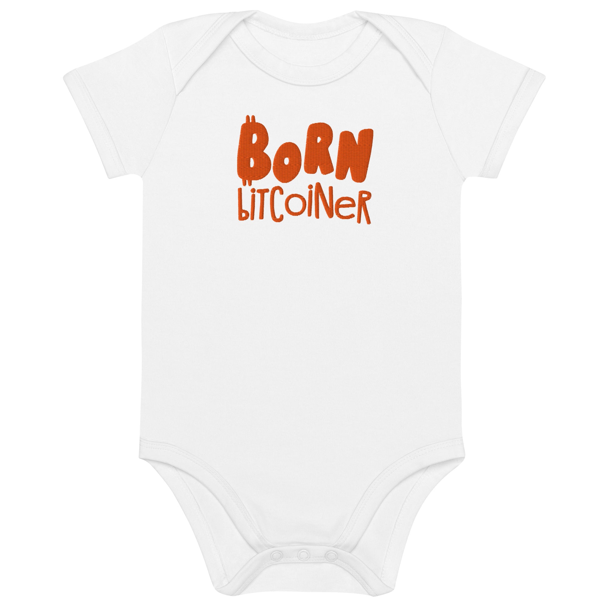 White baby onesie with 'Born Bitcoiner' text in orange on a white background