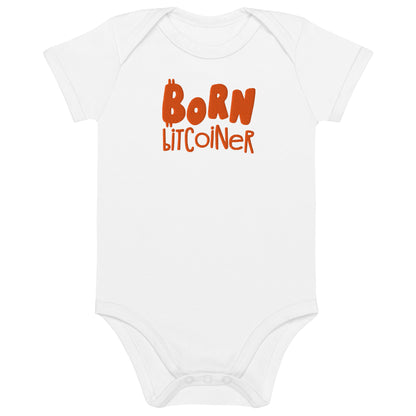 White baby onesie with 'Born Bitcoiner' text in orange on a white background
