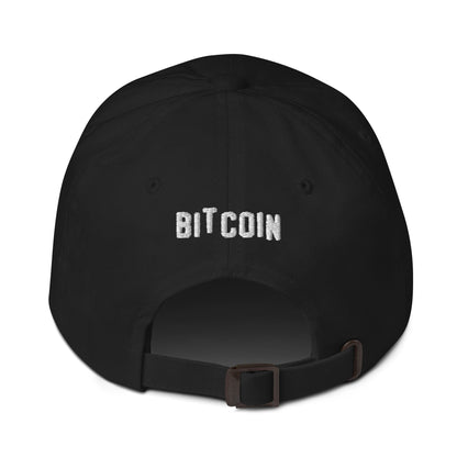 Black cap with 'BITCOIN' embroidered on the back against a white background