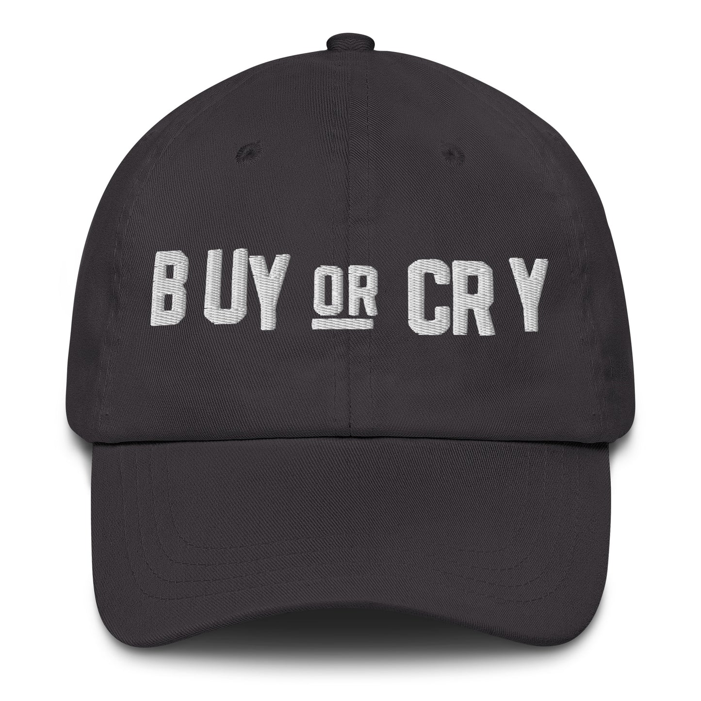Black cap with 'BUY OR CRY' text on a white background