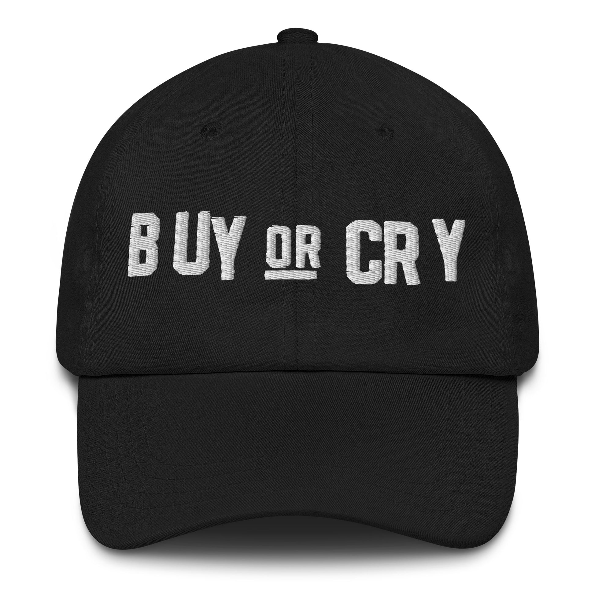 Black cap with 'BUY OR CRY' text on a white background