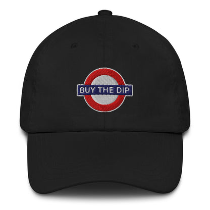 Black cap with 'Buy The Dip' logo on a white background