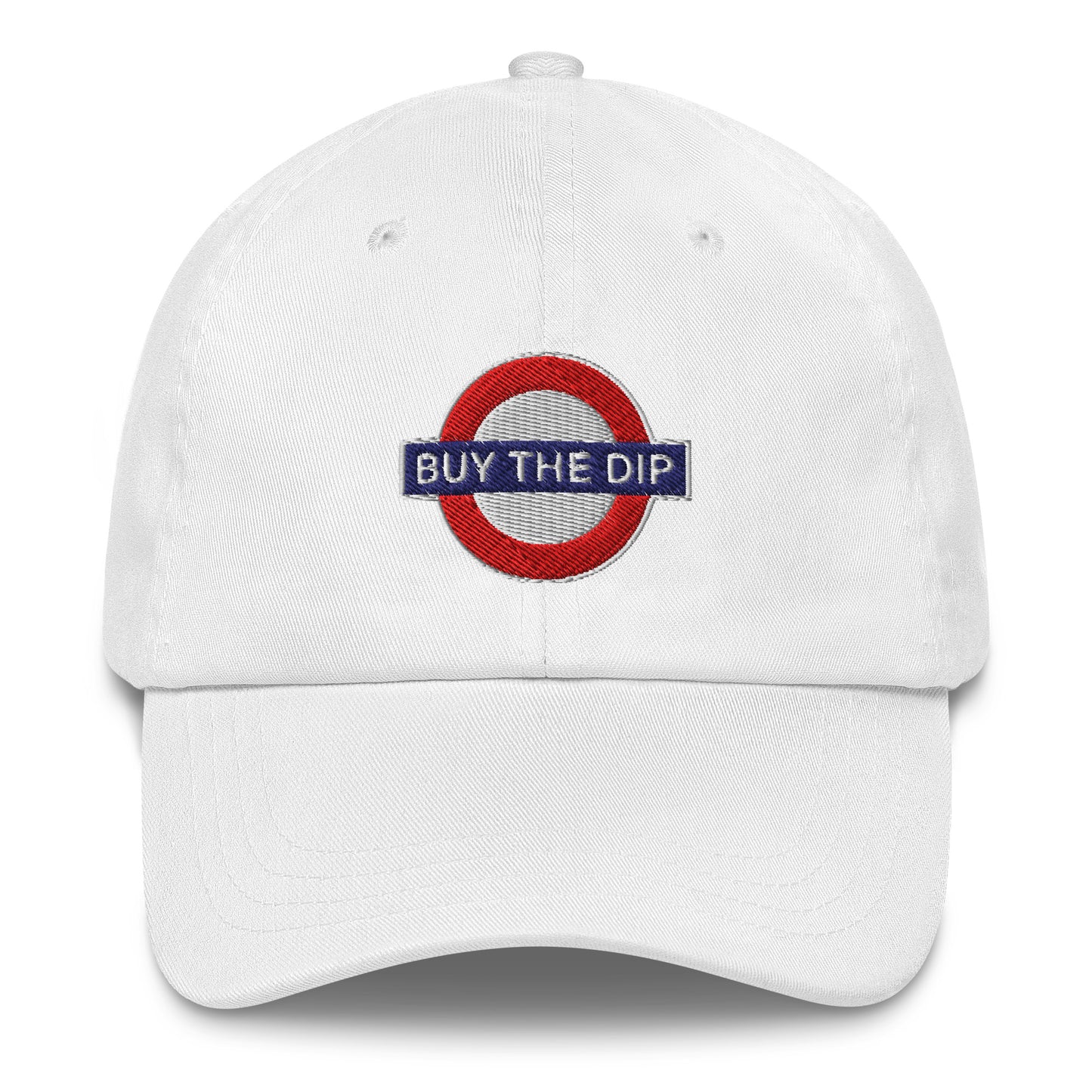 White cap with 'Buy The Dip' logo on a white background
