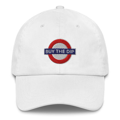 White cap with 'Buy The Dip' logo on a white background