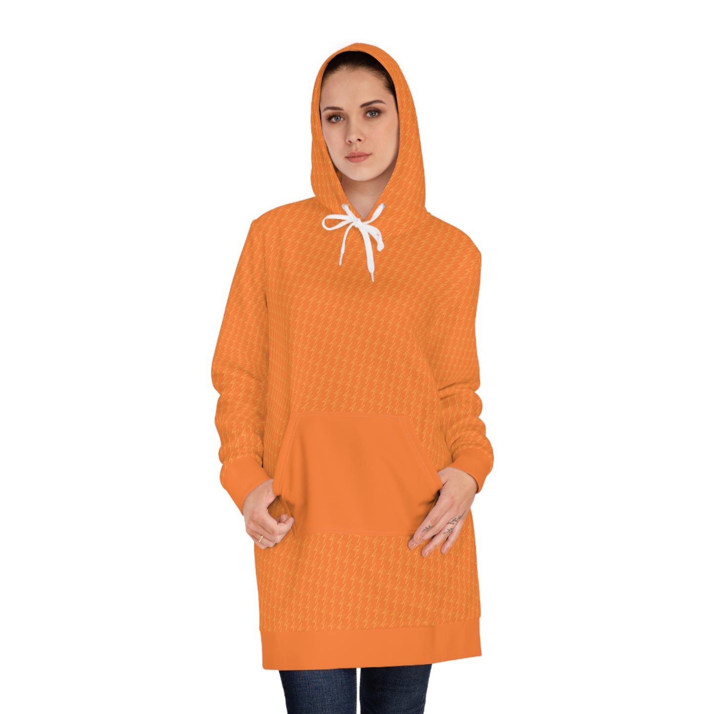 Person wearing an orange bitcoin lightning hoodie with a white drawstring on a white background