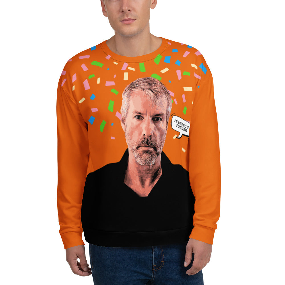 Orange sweatshirt with a graphic of Michael Saylor's face and colorful confetti pattern on a white background