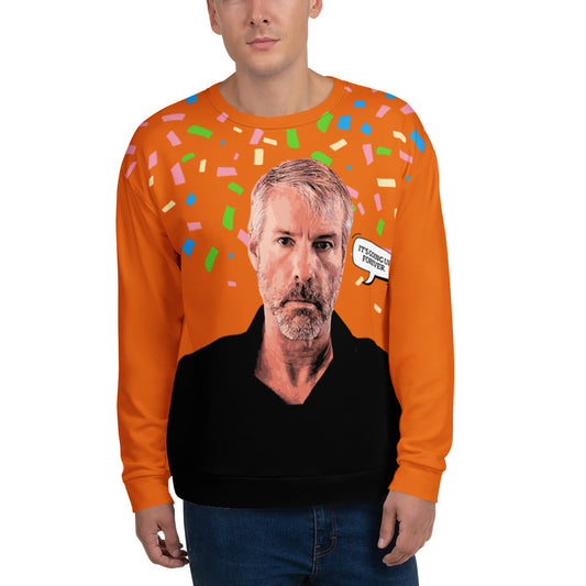 Orange sweatshirt with a graphic of Michael Saylor's face and colorful confetti pattern on a white background