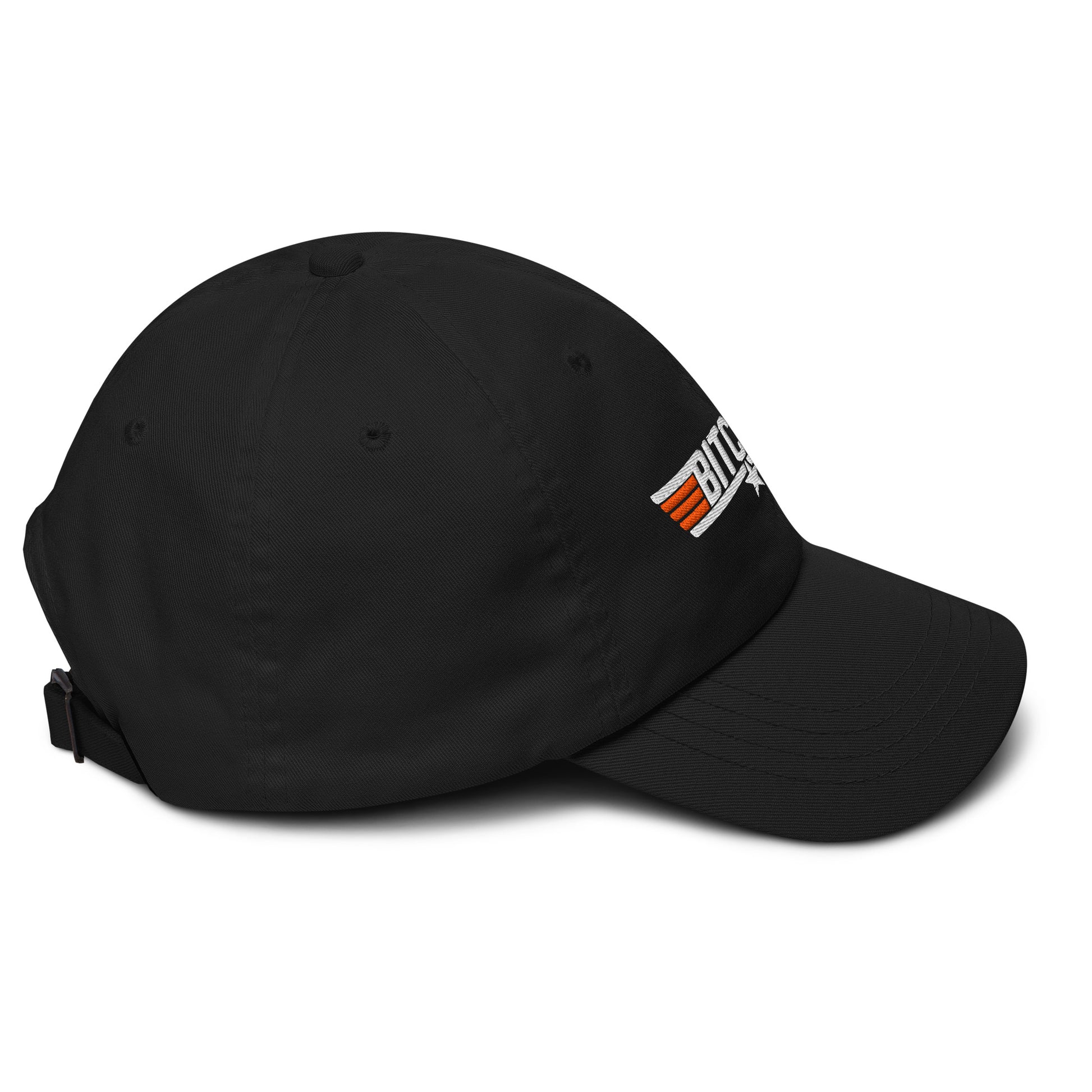 Black cap with a logo on a white background