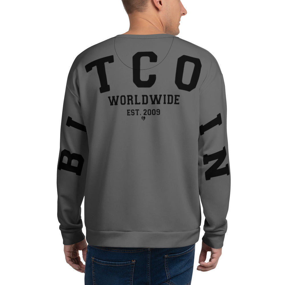 Gray sweatshirt with 'BITCOIN WORLDWIDE EST. 2009' text on a white background