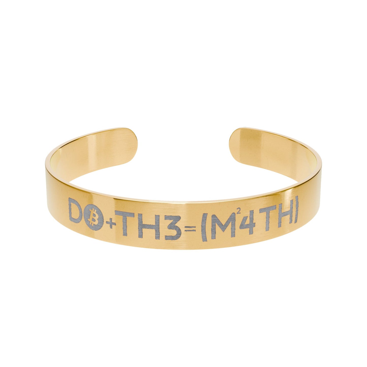 Gold bracelet with Bitcoin-themed 'do the math' engraving on a white background