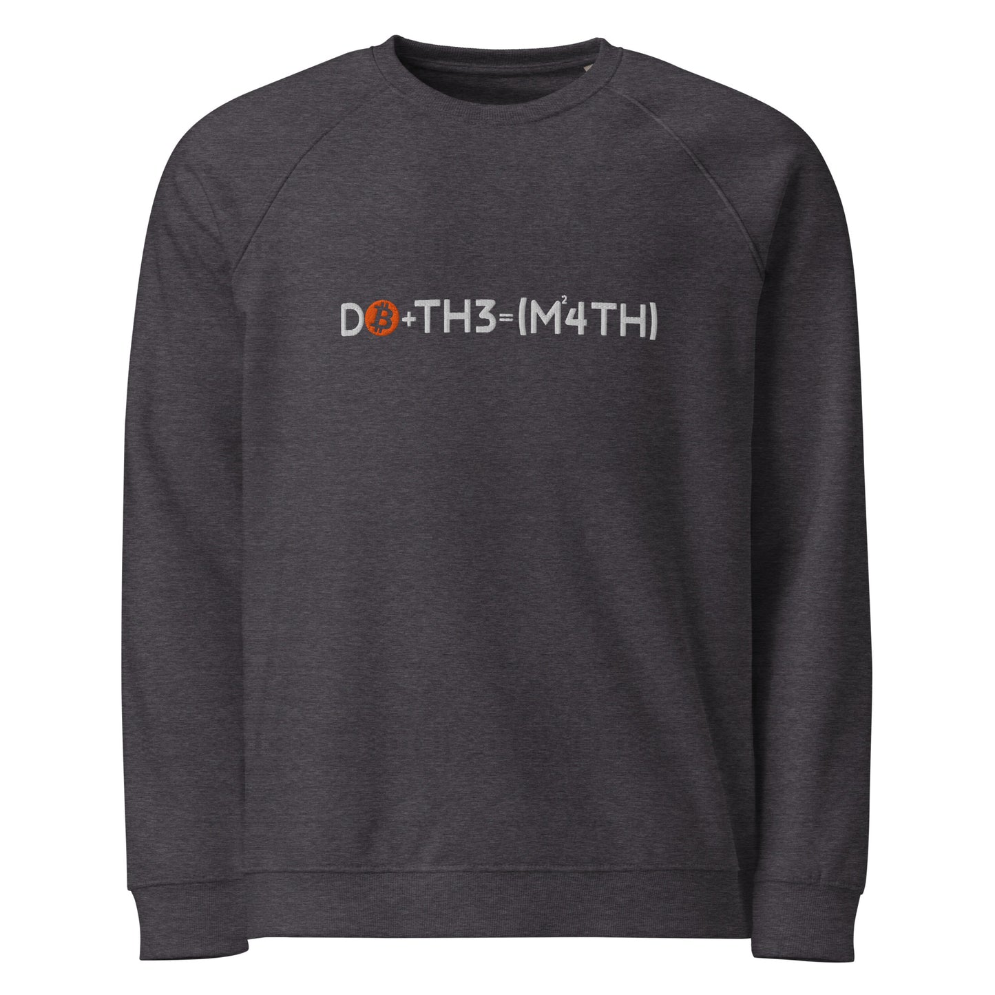 Dark gray sweatshirt with a doo the math bitcoin logo on a white background