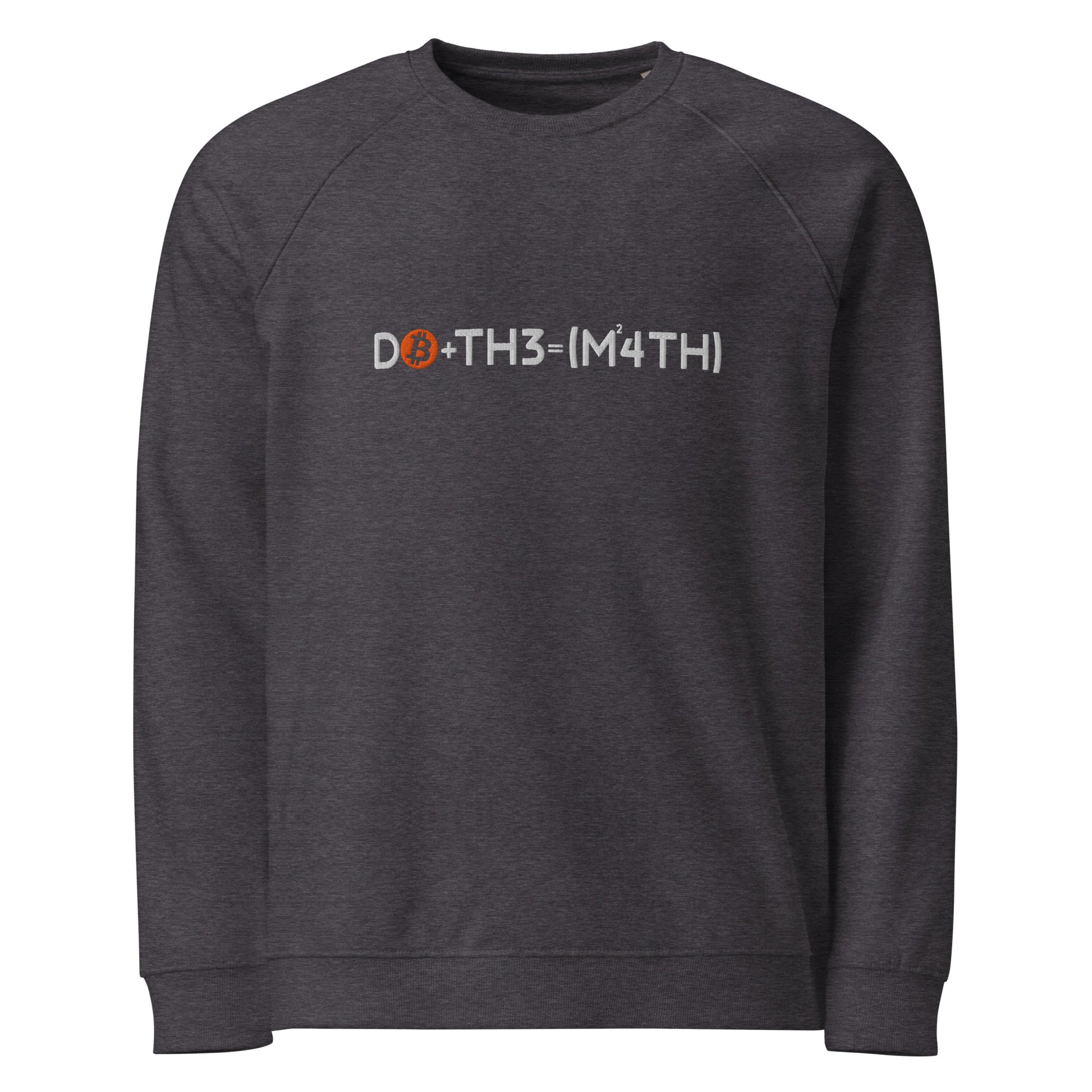 Dark gray sweatshirt with a doo the math bitcoin logo on a white background
