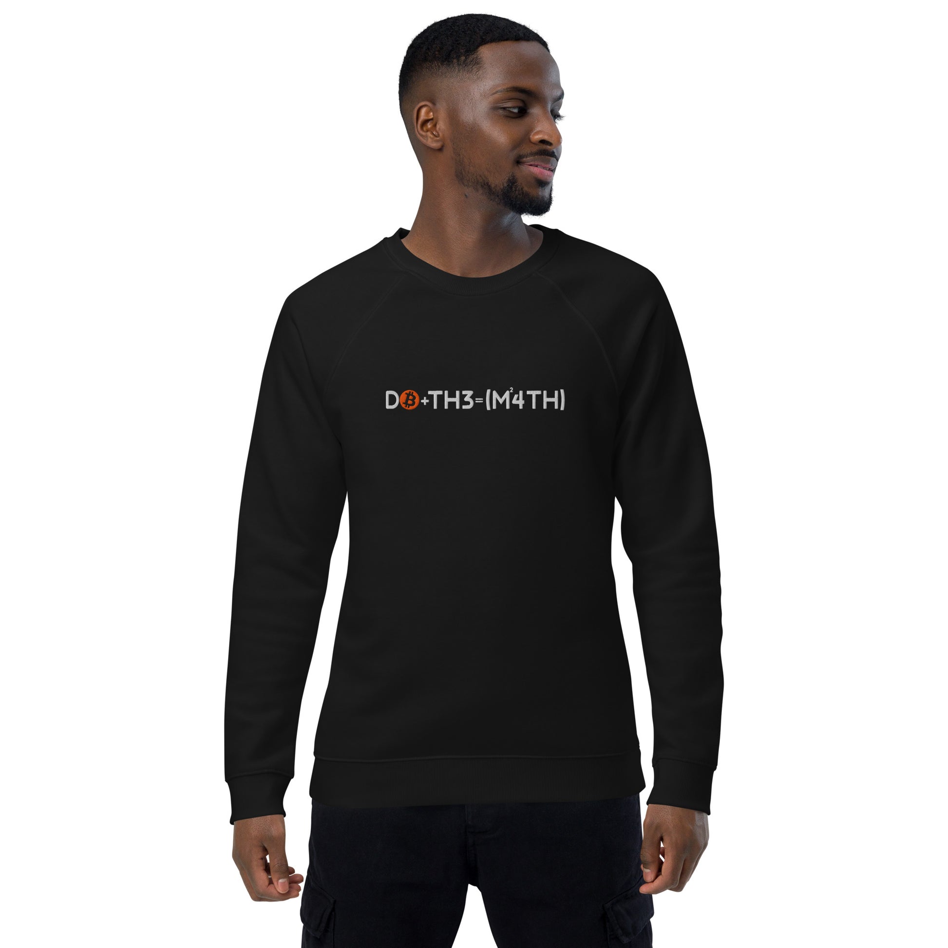 Man wearing a black sweatshirt with do. the math bitcoin text on a white background