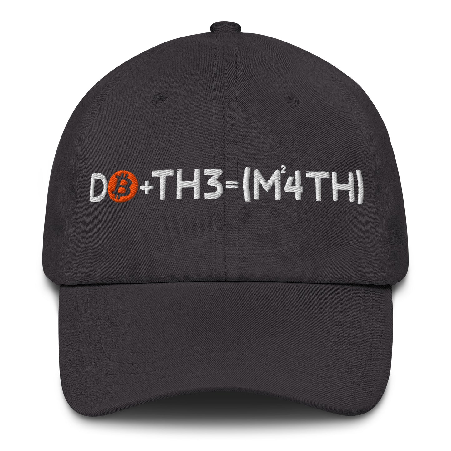 Black cap with Bitcoin symbol and do the math text on a white background