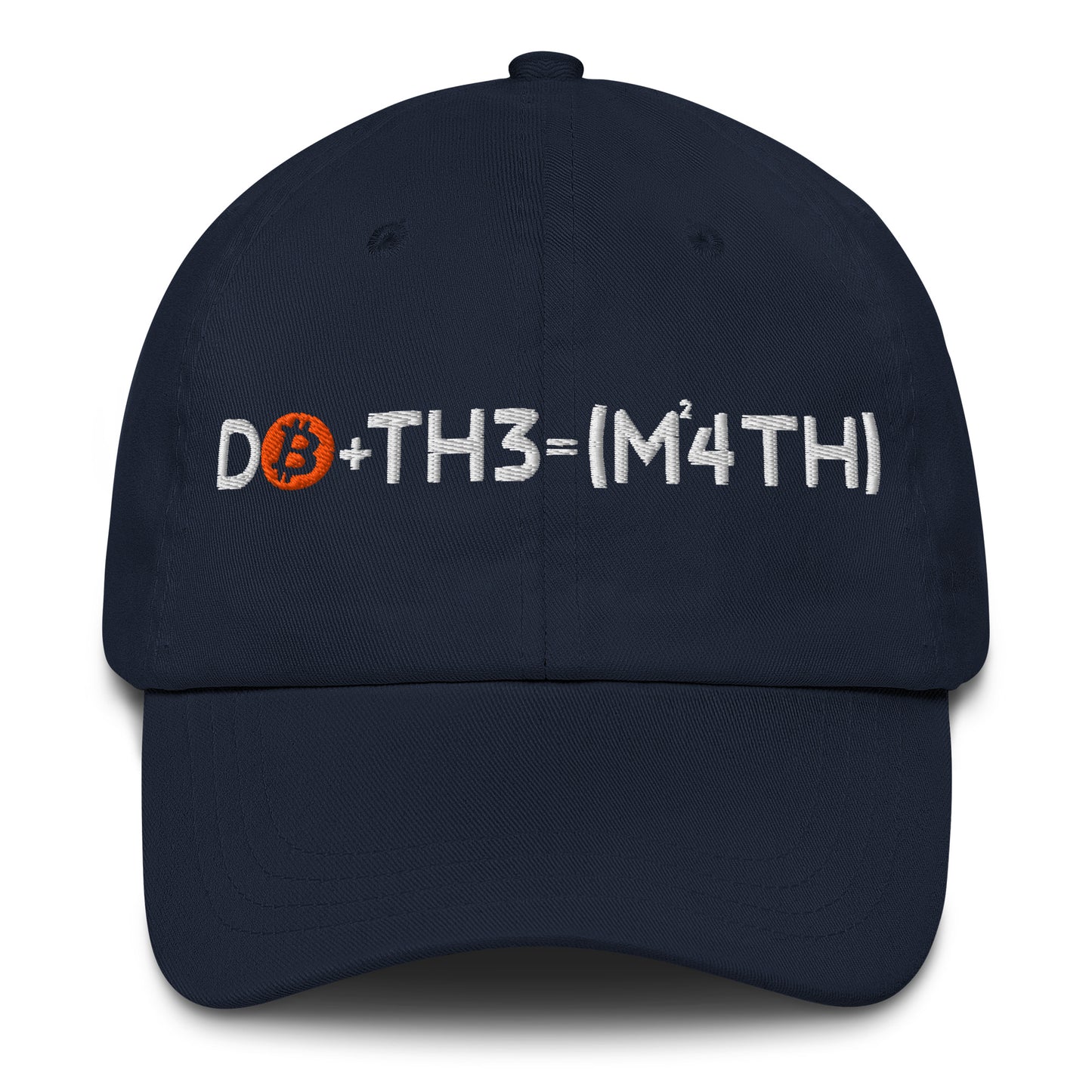 Navy blue cap with Bitcoin symbol and do the math text on a white background