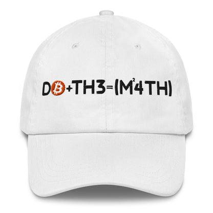 White cap with Bitcoin-themed do the math text on a white background