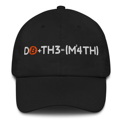 Black cap with Bitcoin-themed do the math text on a white background