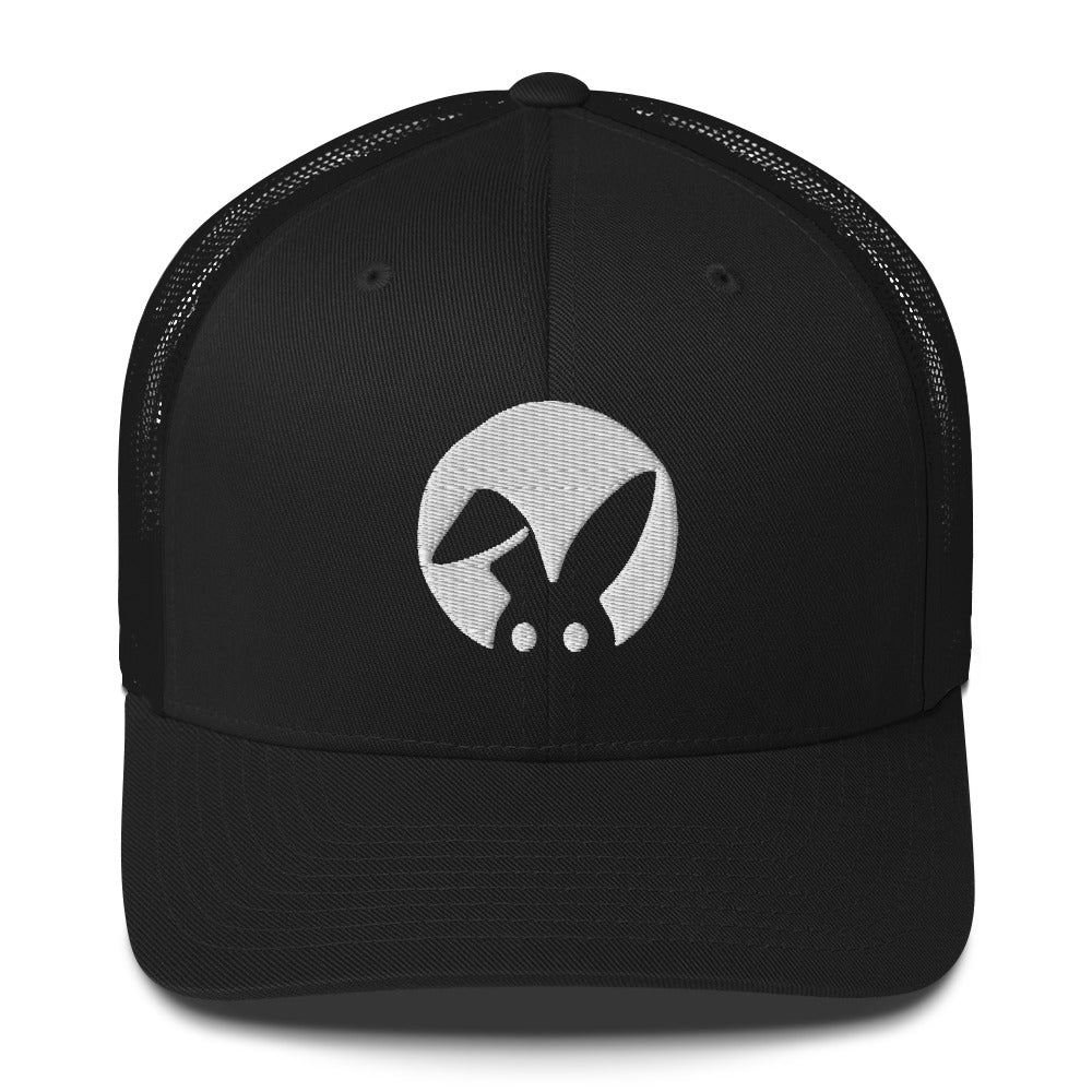 Black cap with a white rabbit logo on a white background