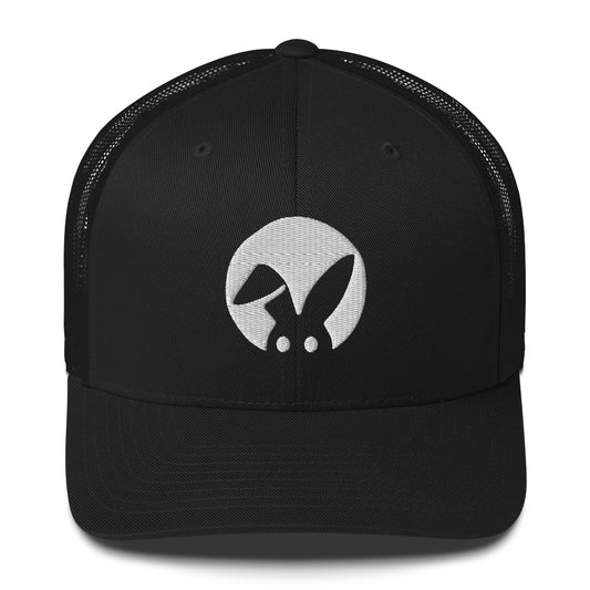 Black cap with a white rabbit logo on a white background