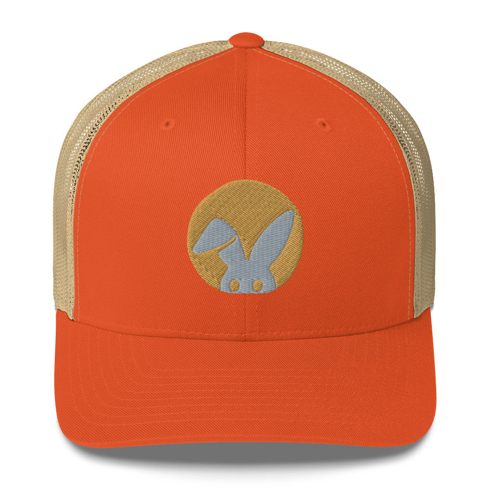 Orange cap with a beige mesh back and a rabbit logo on a white background