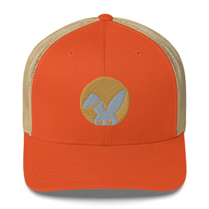 Orange cap with a beige mesh back and a rabbit logo on a white background