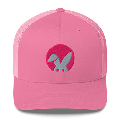 Pink cap with a circular logo featuring a stylized rabbit on a white background