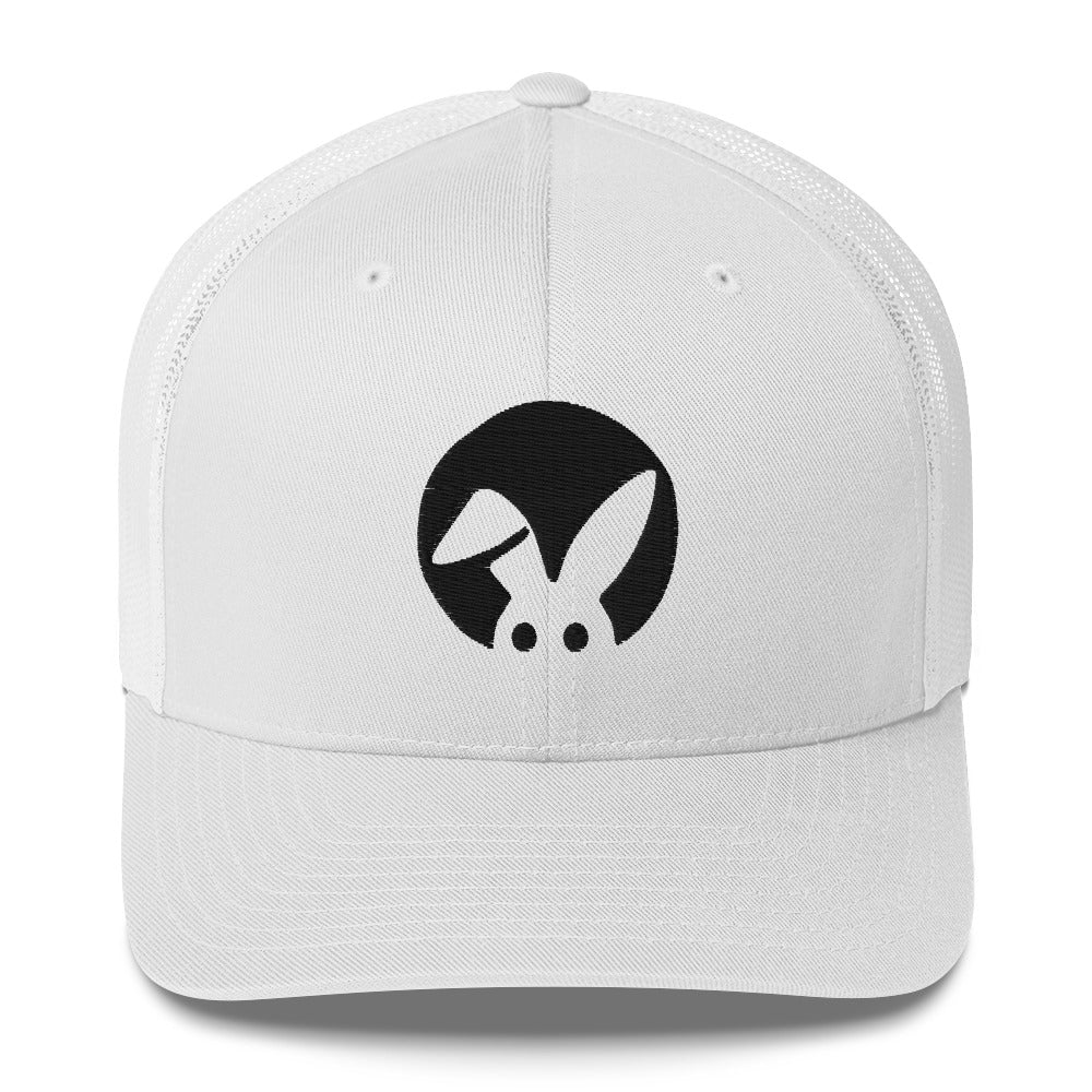 White cap with a black rabbit logo on a white background