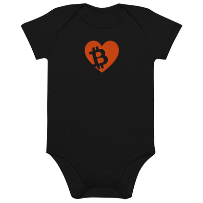 Black baby onesie with a red heart and Bitcoin symbol on a white background