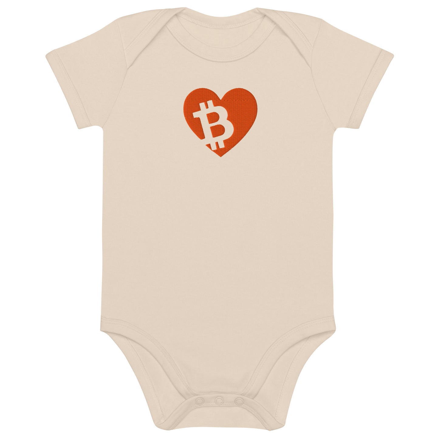Beige baby onesie with a red heart and Bitcoin symbol on a white background
