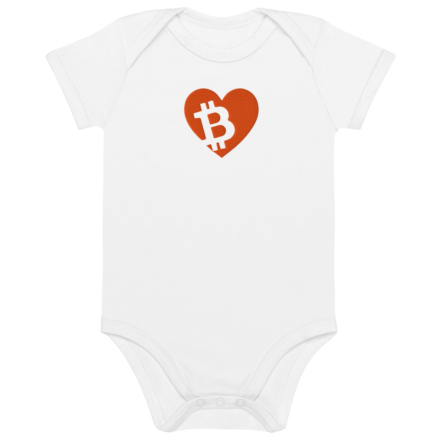 White baby onesie with a red heart featuring the Bitcoin logo on a white background