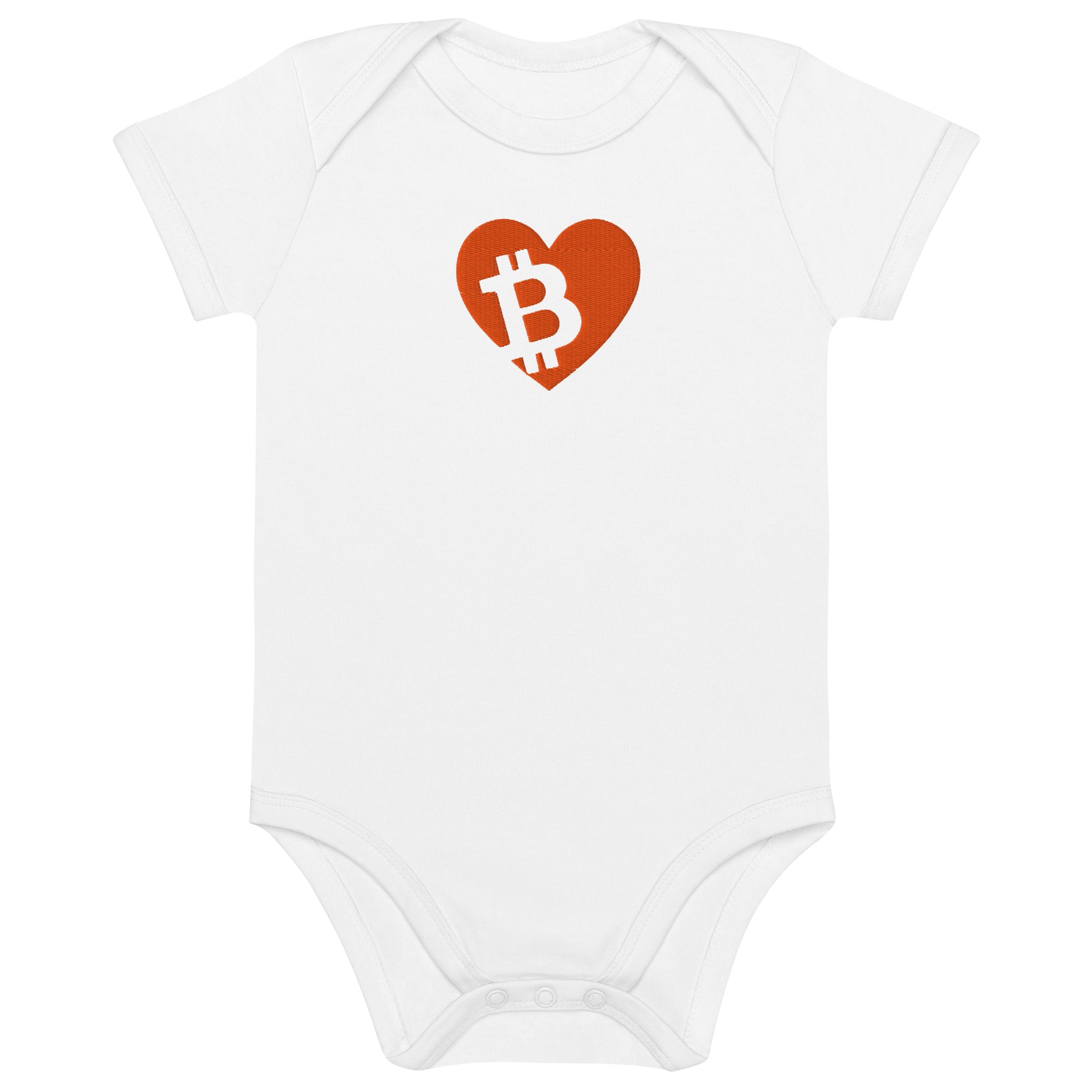 White baby onesie with a red heart featuring the Bitcoin logo on a white background