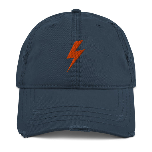 Navy blue cap with a orange lightning bolt emblem on a white background
