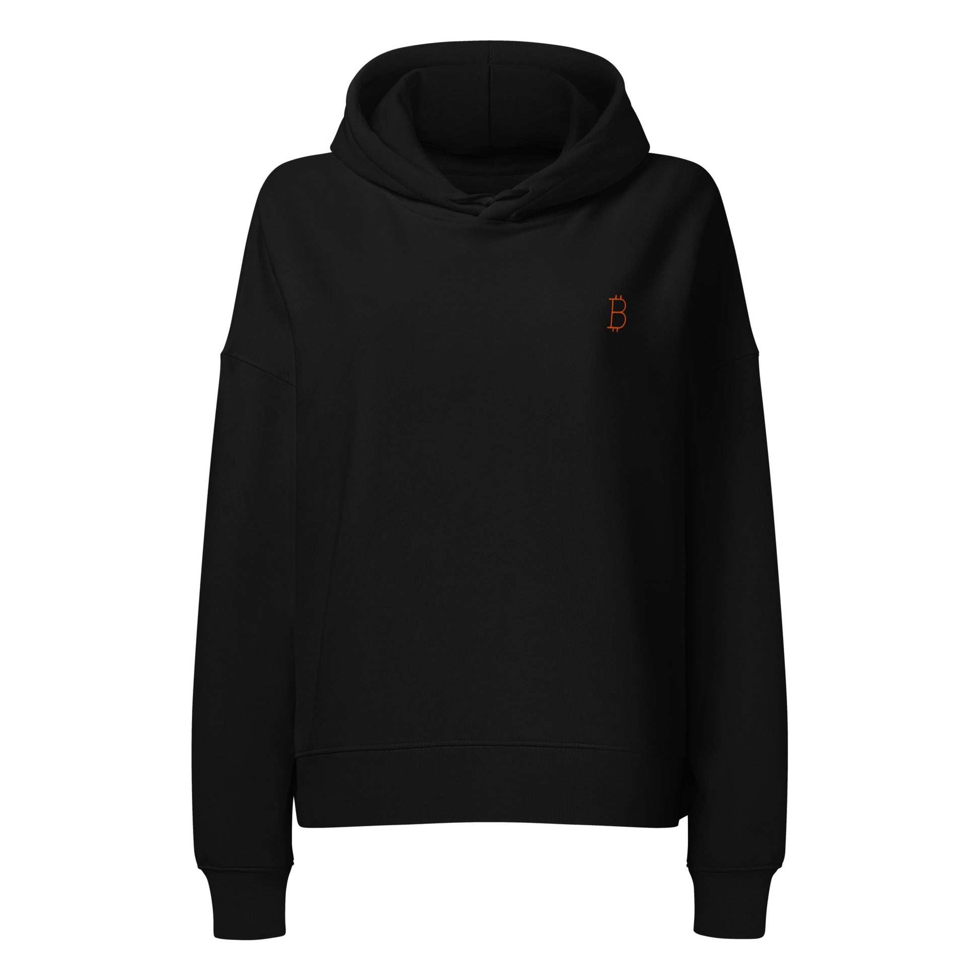 Black hoodie with a small bitcoin logo on the chest against a white background