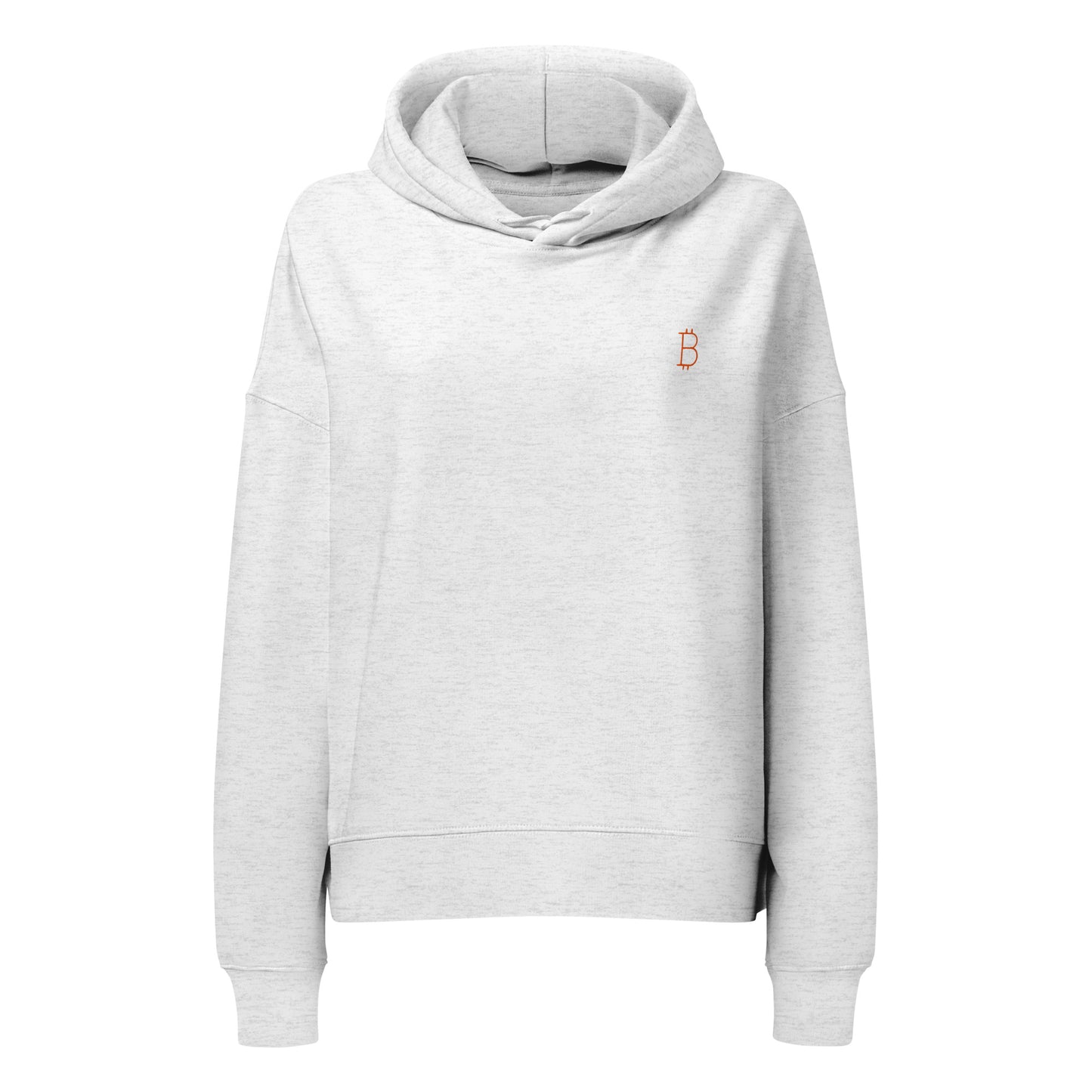 Gray hoodie with a small bitcoin logo on a white background