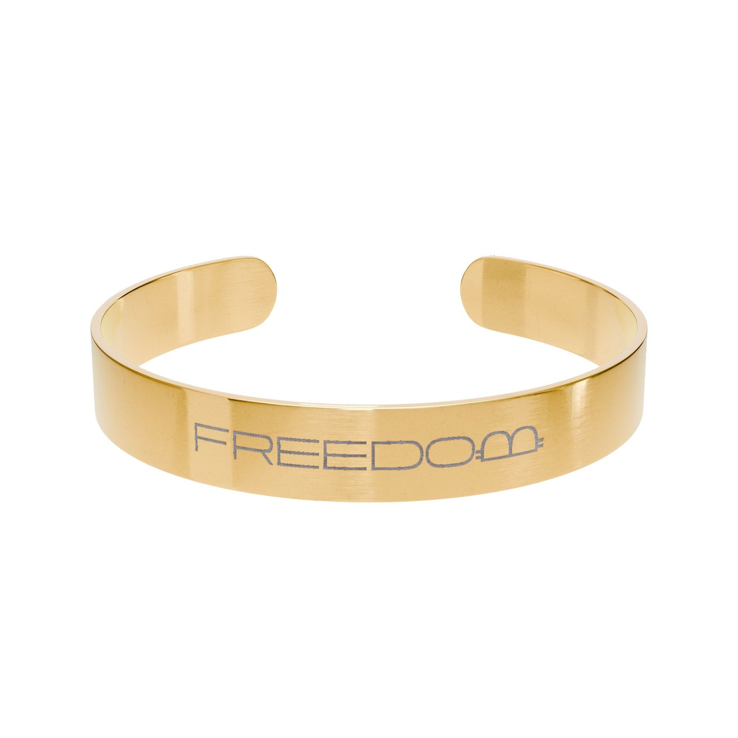 Gold bracelet with 'FREEDOM' engraving on a white background