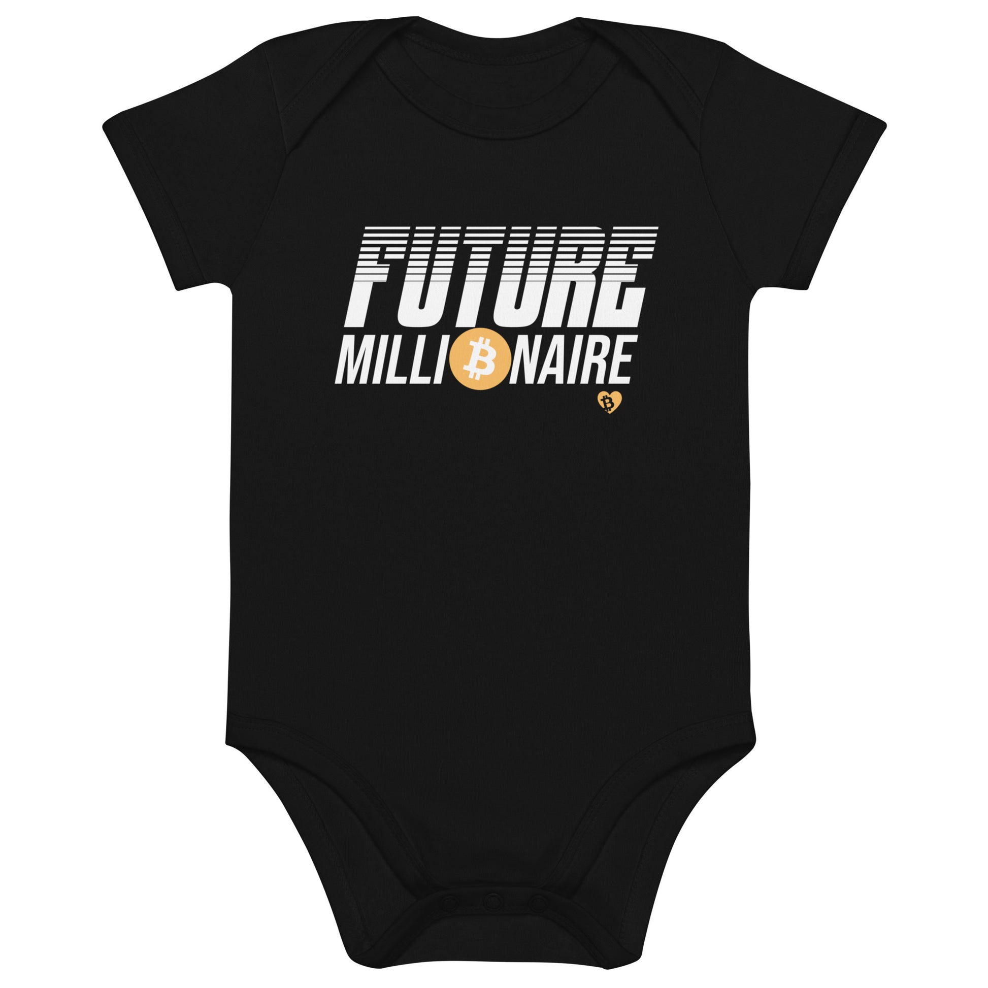Black baby onesie with 'Future bitcoin Millionaire' text and Bitcoin symbol on a white background